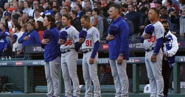 Dino Ebel, Bob Geren, Danny Lehmann, Clayton McCullough, Dave Roberts, Dodgers lined up, 2021 NLDS, national anthem