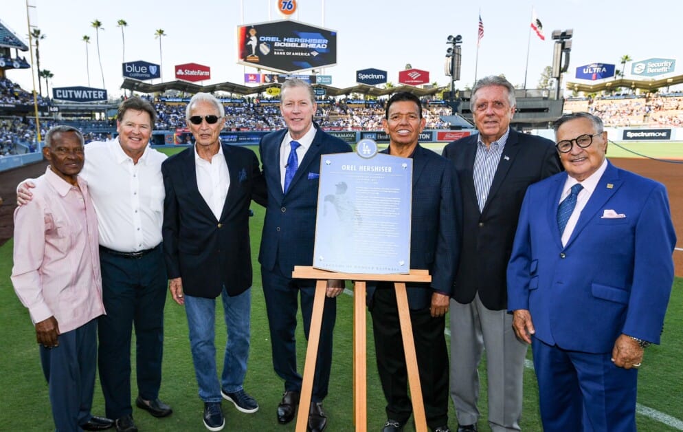 Manny Mota, Rick Honeycutt, Sandy Koufax, Orel Hershiser, Fernando Valenzuela, Rick Monday, Jaime Jarrín, Legends of Dodger Baseball ceremony