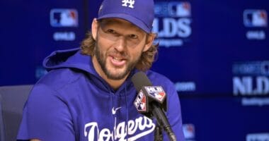 Clayton Kershaw, MLB Network logo microphone, 2023 NLDS