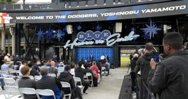 Joe Davis, Mako Allbee, Yoshinobu Yamamoto, Dodger Stadium center field plaza, media