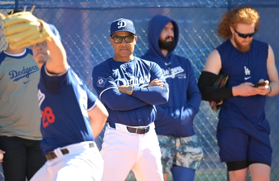 Bobby Miller, Dave Roberts, Tony Gonsolin, Dustin May, Dodgers workout, 2024 Spring Training