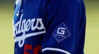 Mookie Betts, Guggenheim logo jersey patch, Dodgers uniform patch, Dodgers workout, 2024 Spring Training