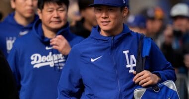 Yoshinobu Yamamoto, interpreter Yoshihiro Sonoda, Dodgers workout, 2024 Spring Training