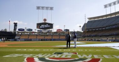Dave Roberts, Juan Dorado, Dodger Stadium view, Opening Week logo