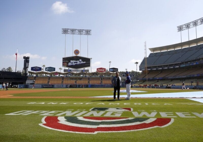 Dave Roberts, Juan Dorado, Dodger Stadium view, Opening Week logo