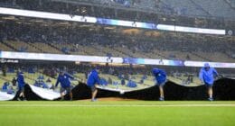 Dodger Stadium grounds crew, tarp, rain delay