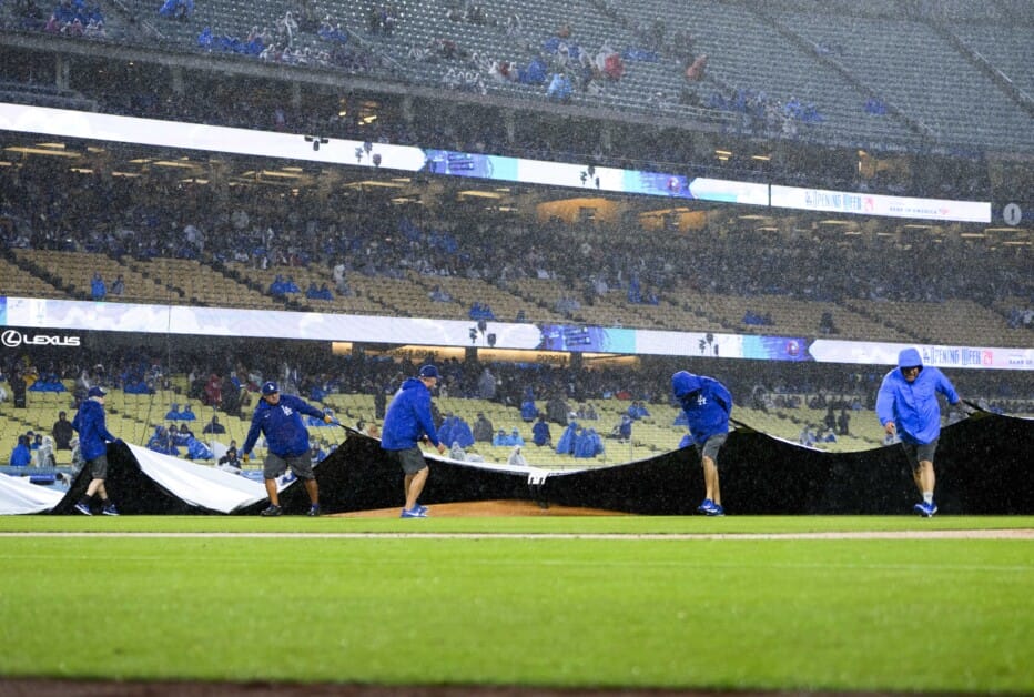 Dodger Stadium grounds crew, tarp, rain delay