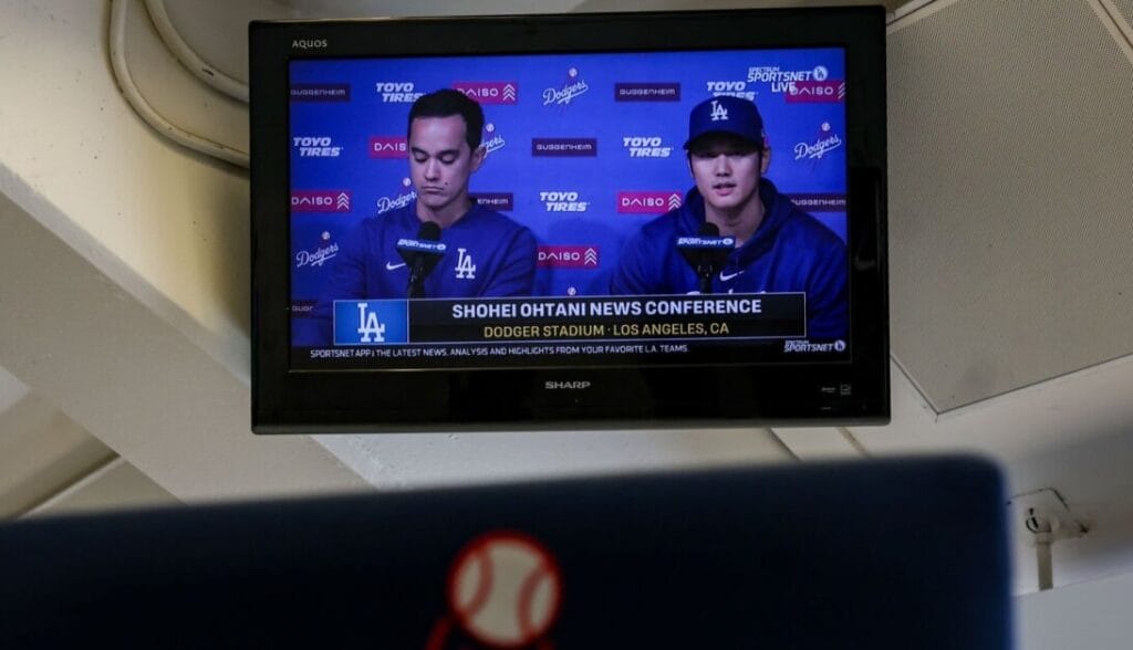 Shohei Ohtani, Will Ireton, Shohei Ohtani press conference, Dodger Stadium press box