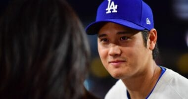 Shohei Ohtani interviewed after hitting his first homerun as a Los Angeles Dodger.