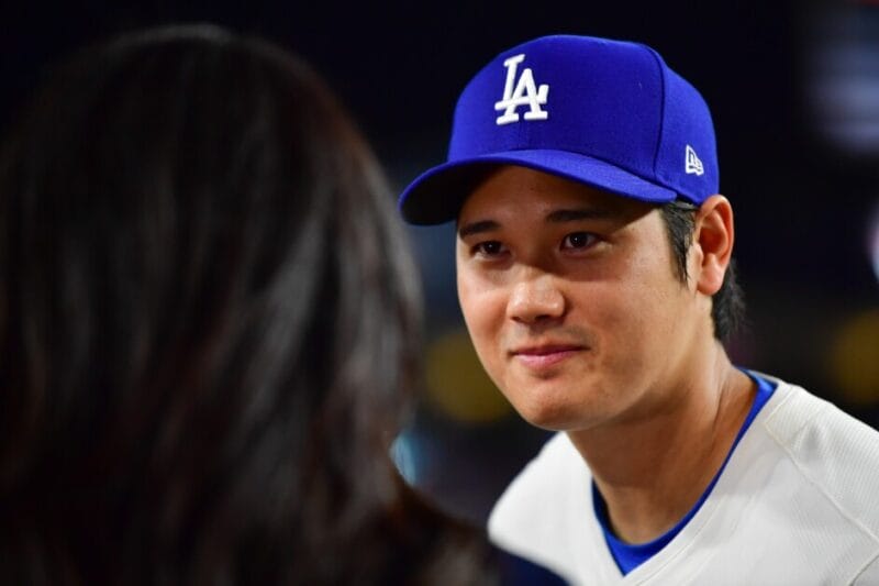 Shohei Ohtani interviewed after hitting his first homerun as a Los Angeles Dodger.