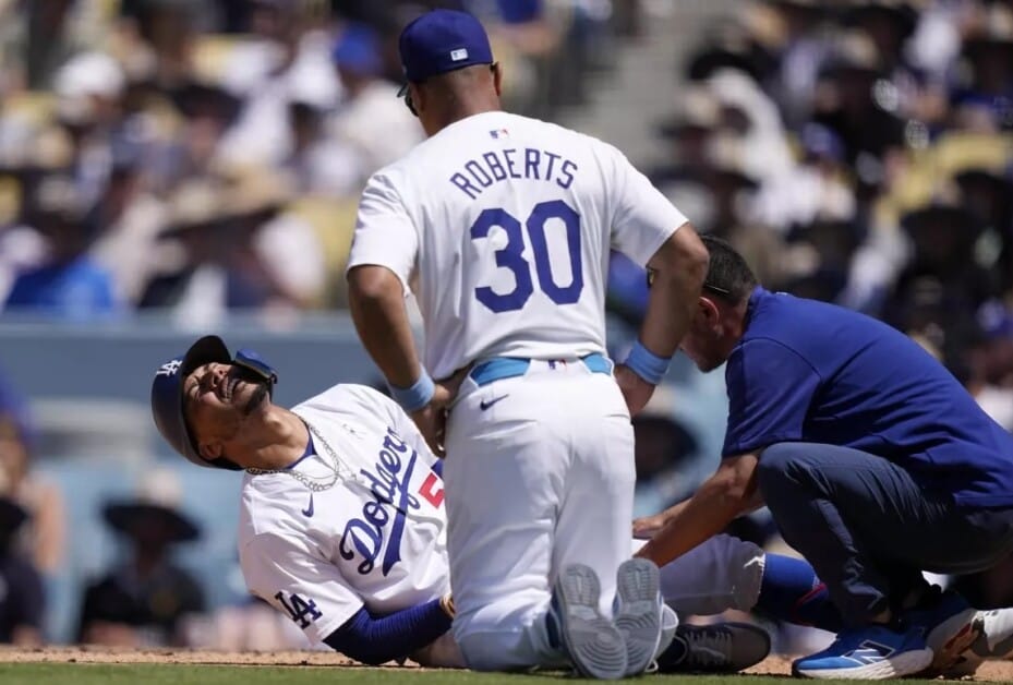 Mookie Betts, Dave Roberts, Dodgers trainer Yosuke "Possum" Nakajima, hit by pitch