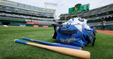 Dodgers workout bag, bats