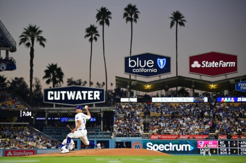 Jack Flaherty, Max Muncy, Teoscar Hernández, Dodger Stadium view, Three Sisters, palm trees